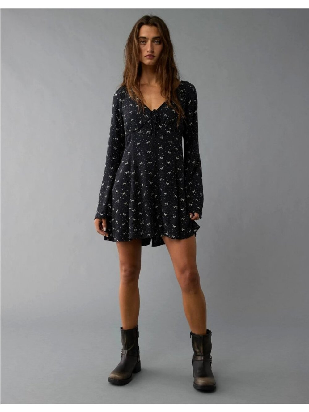 American Eagle Long Bell Sleeve Romper 70s Black White Bow Print Twee Fall Prep